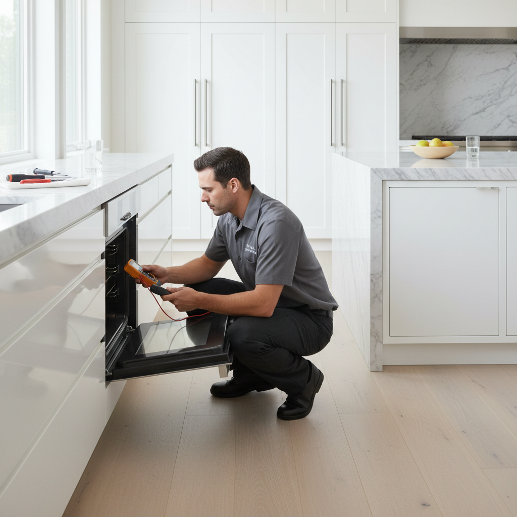 Professional appliance repair technician inspecting a wall oven